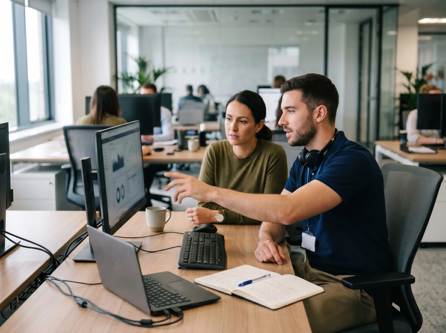 IT support technician helping a business user at their workstation