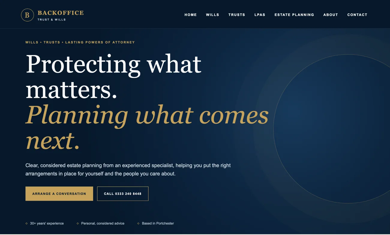 Back Office Wills & Trusts homepage screenshot